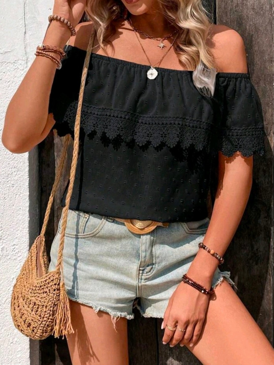 New Boho Swiss Dot Lace Off Shoulder Top Black